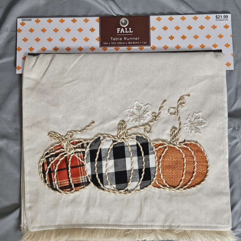 Fall Table Runner Pumpkin Applique Plaid Fringe 13x72 Farmhouse Decor‎